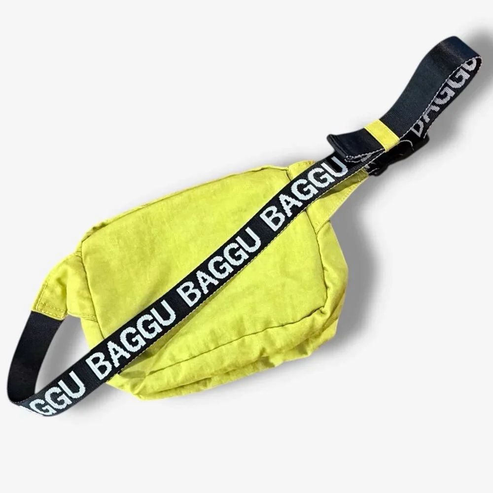 Baggu Fanny Pack Chartreuse OG White Logo Strap Double Zip Crossbody Bag Travel - Picture 2 of 16